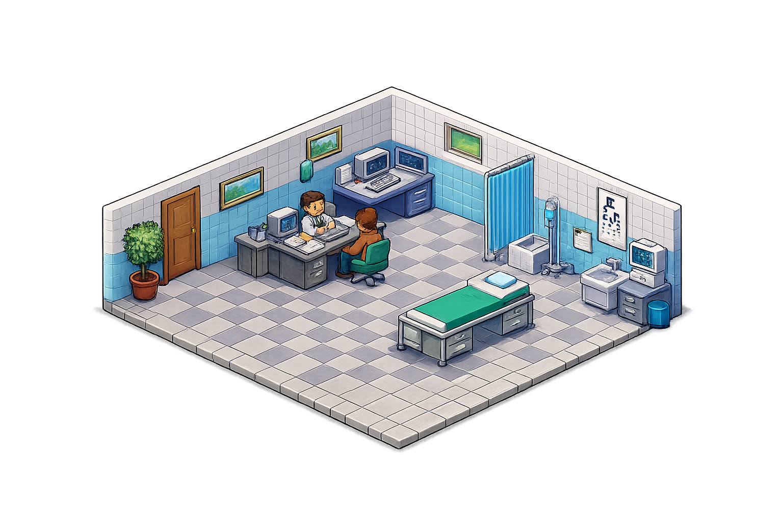 Isometric clinic consultation room with clinician workflow context